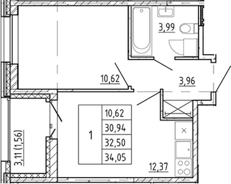 1-комнатная квартира 30.94 м², 11/12 эт., ЖК «Полис Новоселье»